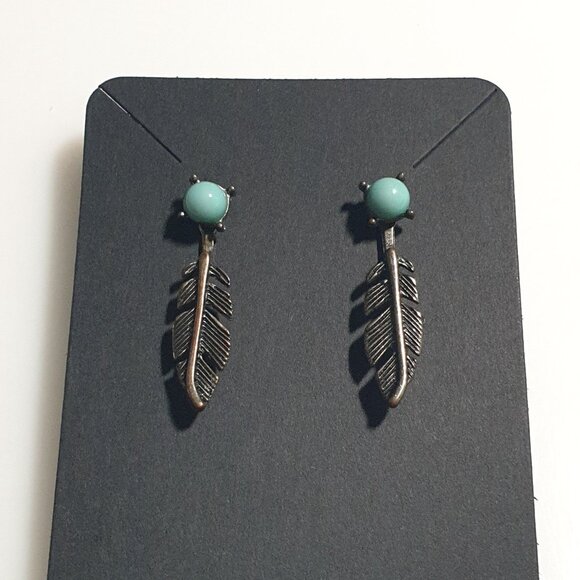 Antique Bronze Feather Earrings Faux Turquoise Ball Dangle Lightweight Boho Gift - Picture 5 of 5